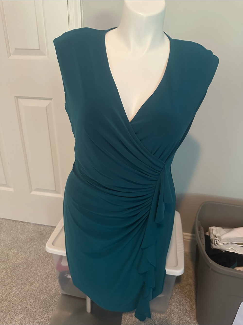 Chaps Teal Faux-Wrap Midi Dress with Ruching